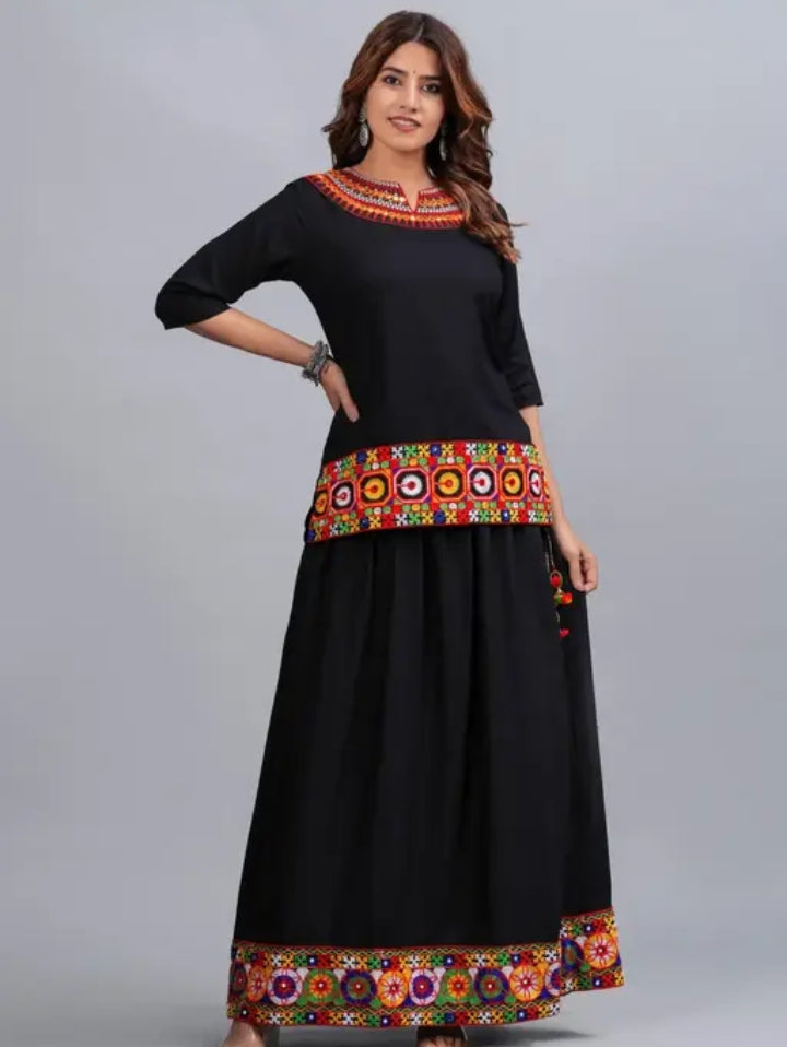KALAVISHA Rayon Embroidery Work Top with Skirt Dress for Navratri for Women (Ghagra Choli Dress Combo for Garba Night)
