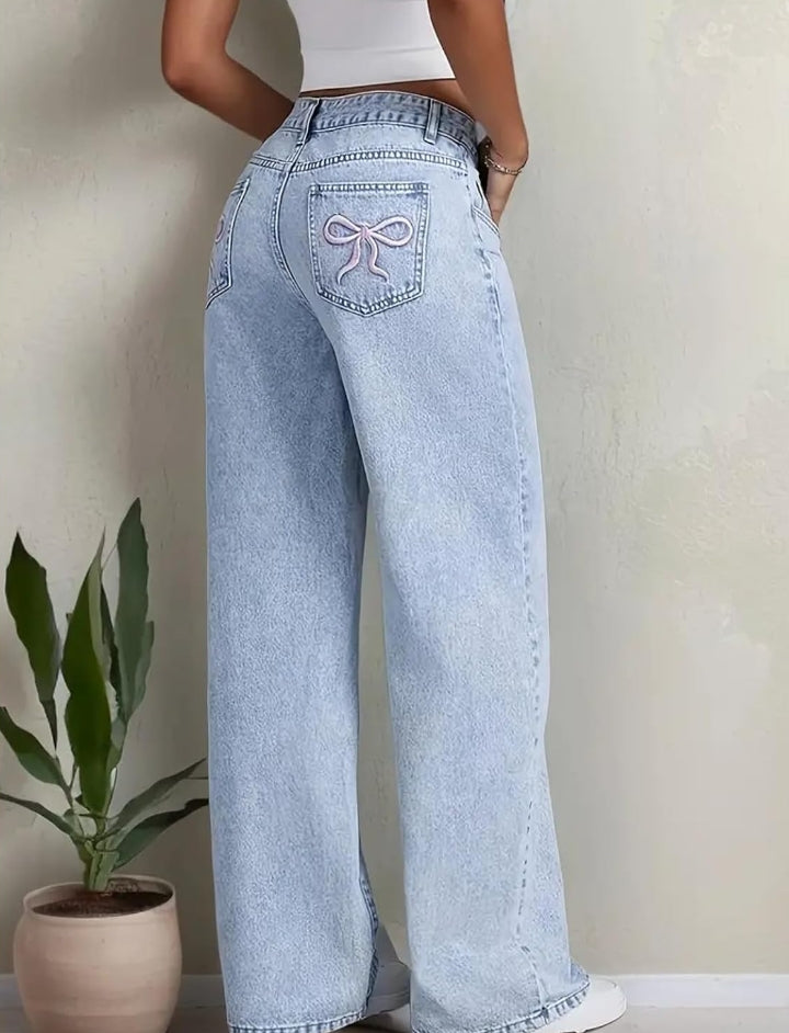 Nifty Women's Denim Stretchable High Waist Light Wash Baggy Jeans || Back Pocket Bow tie Detail