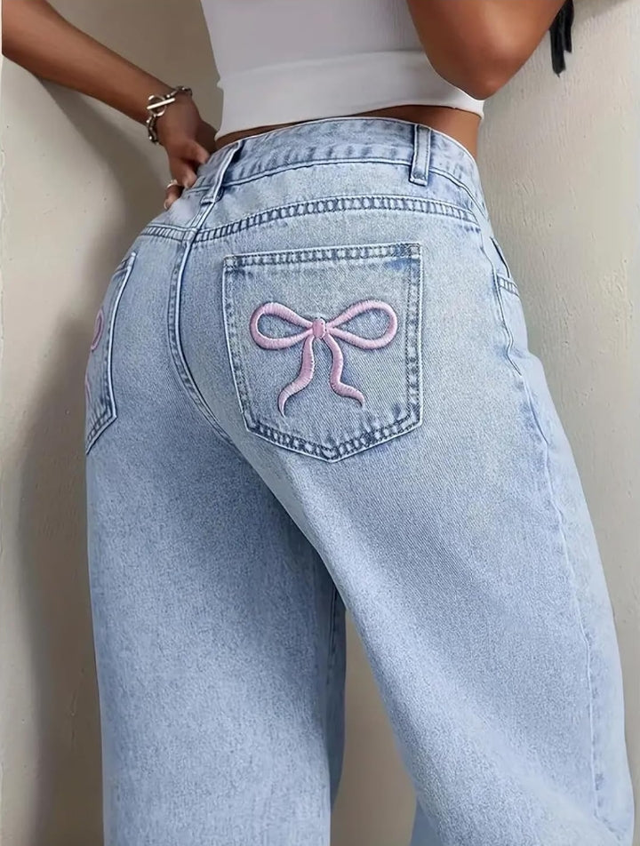 Nifty Women's Denim Stretchable High Waist Light Wash Baggy Jeans || Back Pocket Bow tie Detail