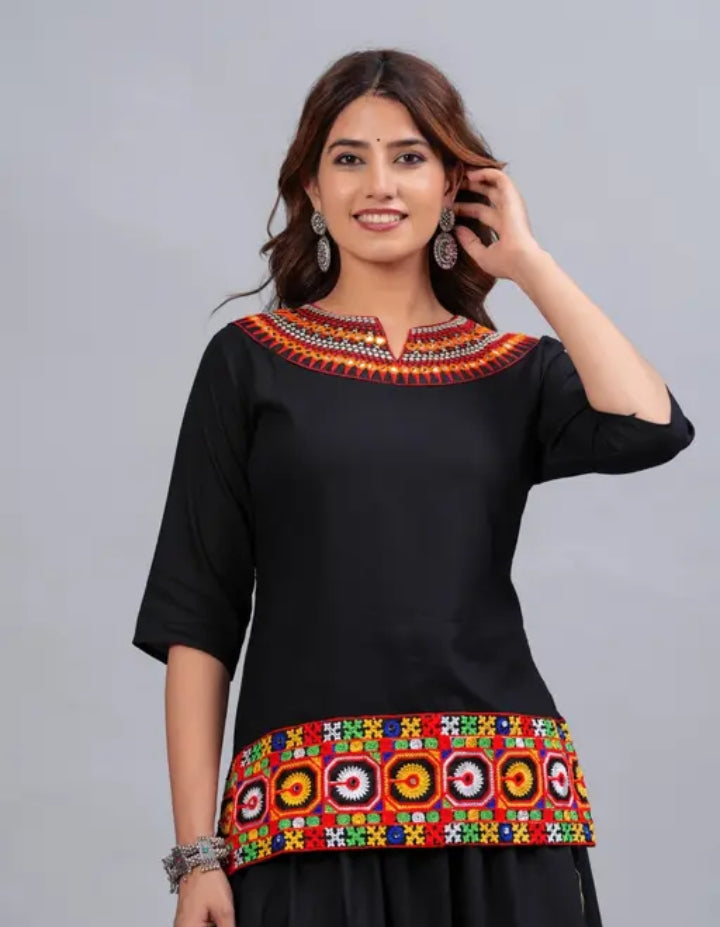 KALAVISHA Rayon Embroidery Work Top with Skirt Dress for Navratri for Women (Ghagra Choli Dress Combo for Garba Night)