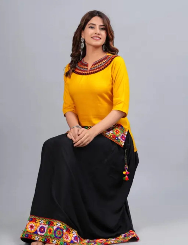 KALAVISHA Rayon Embroidery Work Top with Skirt Dress for Navratri for Women (Ghagra Choli Dress Combo for Garba Night)