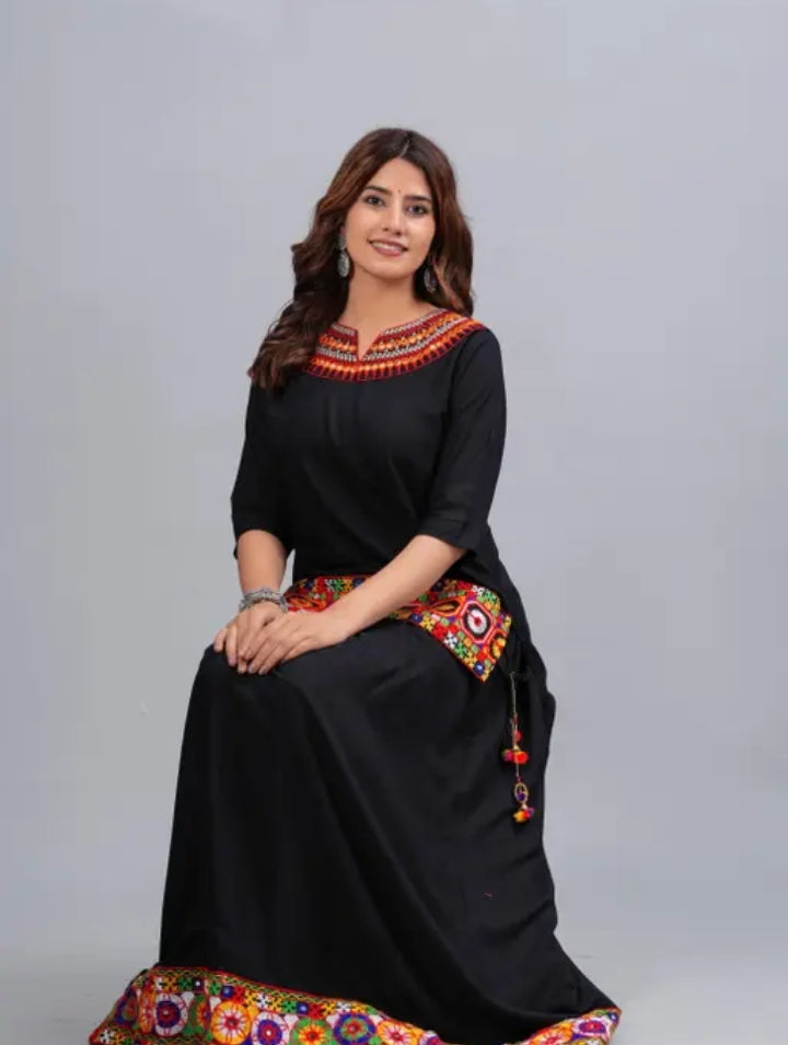 KALAVISHA Rayon Embroidery Work Top with Skirt Dress for Navratri for Women (Ghagra Choli Dress Combo for Garba Night)