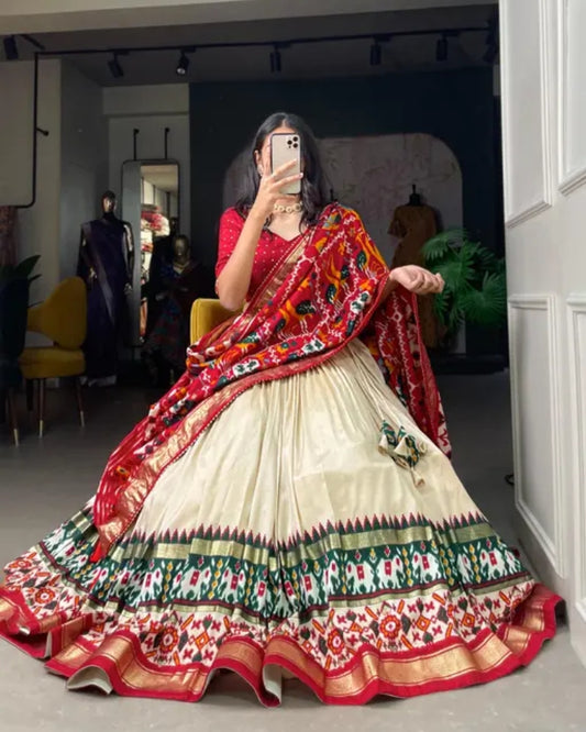 Cream Color Floral And Patola Print With Foil Work Tussar Silk Lehenga Choli