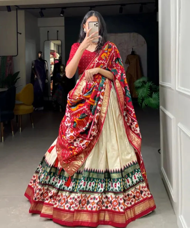 Cream Color Floral And Patola Print With Foil Work Tussar Silk Lehenga Choli
