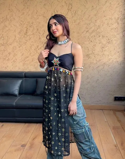 Black Georgette Glitter Sequin Embroidered Kurti