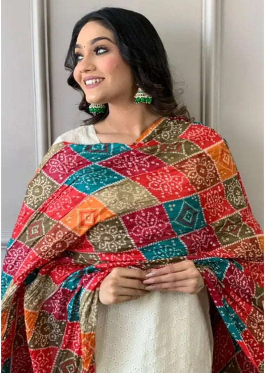 Bandhani and Patola Print Dupatta - Rajasthani Traditional Silk bandhej Dupatta Traditional Art Silk Dupattas for Women (Multicolor)