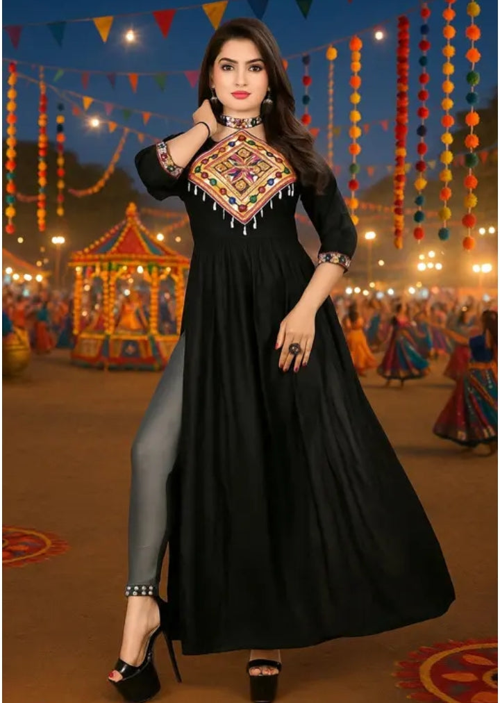 Georgette Kurti for Navratri, Black Embroidered Kurti, Traditional Festival Wear Kurti, Garba Kurti for Women, Ethnic Kurti with Leggings, Designer Navratri Dress, Chaniya Choli Style Kurti, Indo Western KurtiMyra Fashionable Kurtis