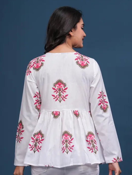 Cotton Multicolor printed top, peplam top jaipur printed top