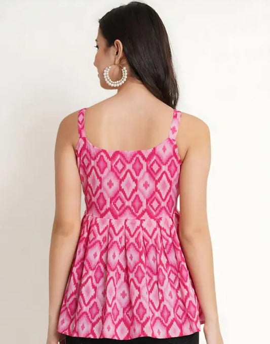 Casual Cotton Blend Square-neck Sleevesless Ikat Print Peplum Pink Top
