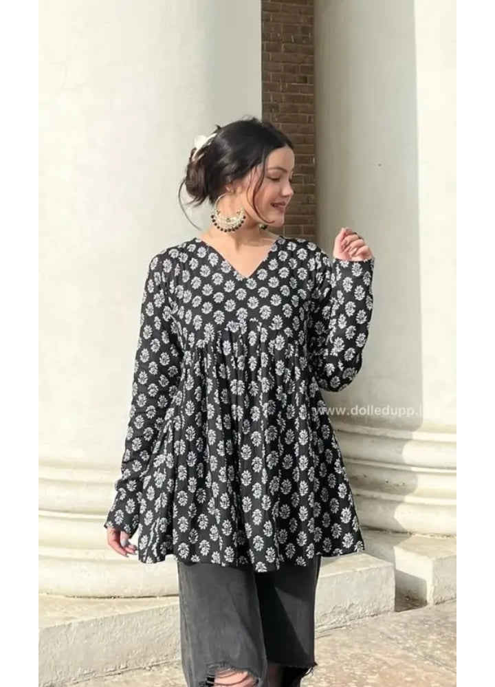 TC Cotton Beautiful Black Printed Women top And Tunics for women, New Trendy Short Kurtis For Girls
