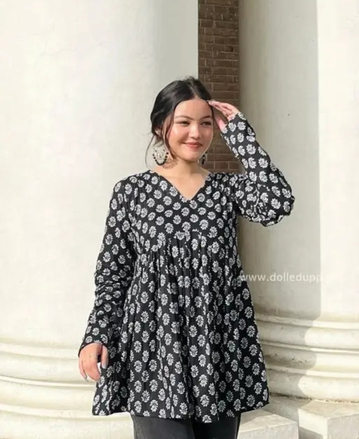 TC Cotton Beautiful Black Printed Women top And Tunics for women, New Trendy Short Kurtis For Girls