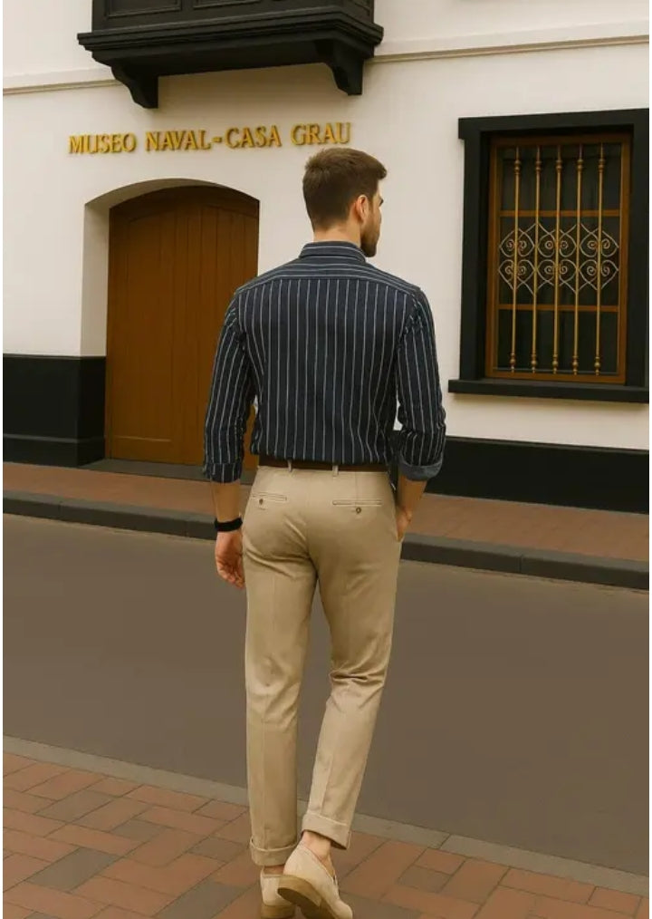 Men Striped Full Sleeve Cotton Blend Navy Shirt