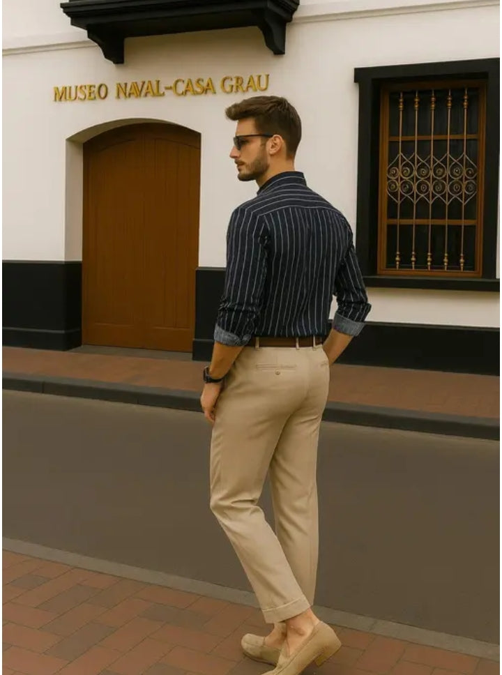 Men Striped Full Sleeve Cotton Blend Navy Shirt