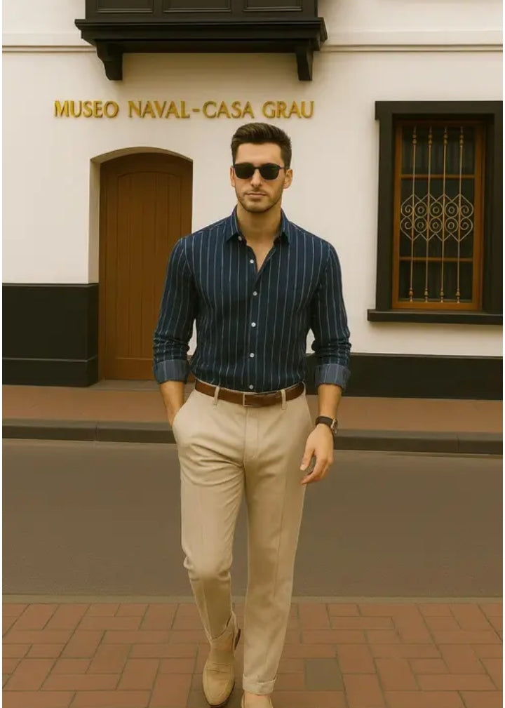 Men Striped Full Sleeve Cotton Blend Navy Shirt