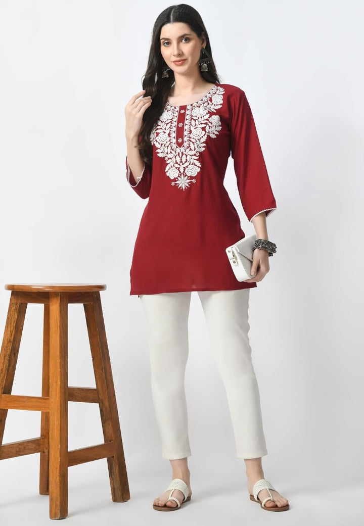LIBOZA Kurti for Women - Short Chikankari Kurtis for Girls, Lakhnawi Tunic Top Kurta Design for Ladies, Woman Ethnic Kurthis & Shirt with Sleeve