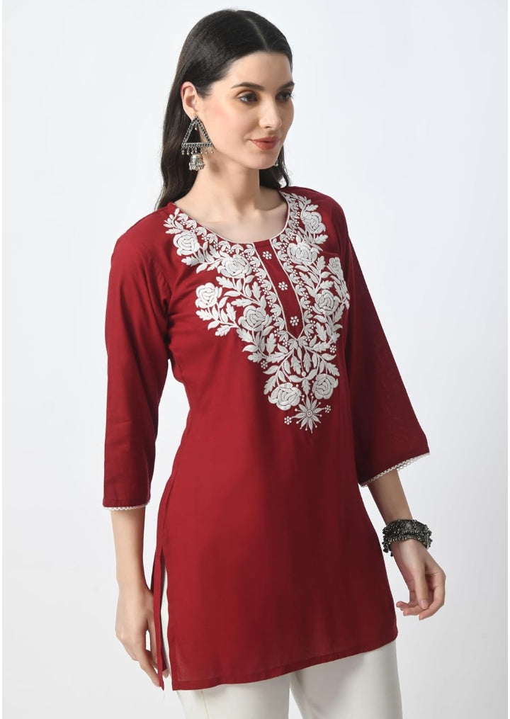 LIBOZA Kurti for Women - Short Chikankari Kurtis for Girls, Lakhnawi Tunic Top Kurta Design for Ladies, Woman Ethnic Kurthis & Shirt with Sleeve