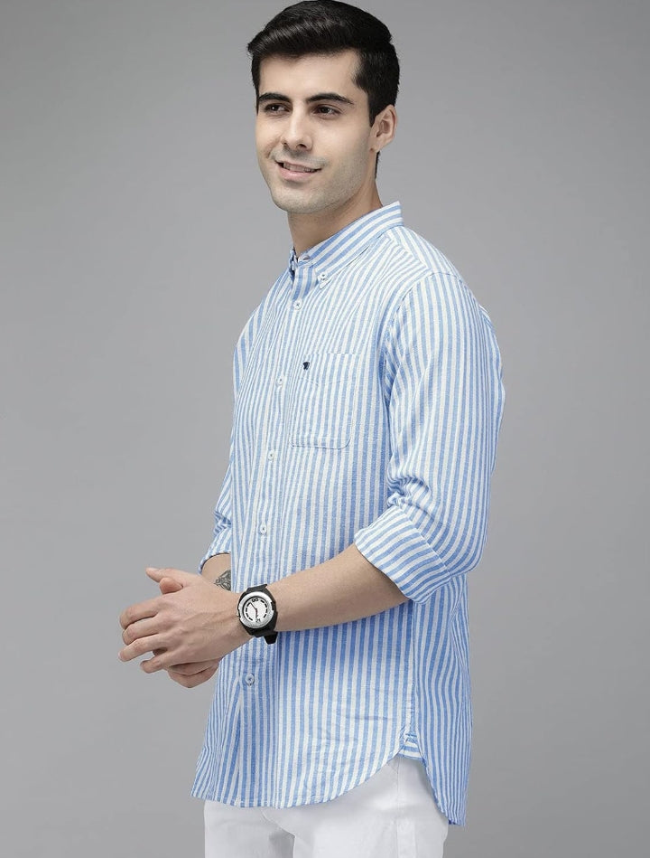 THE BEAR HOUSE Men's LinenBlend Blue Slim Fit Striped Casual Shirt