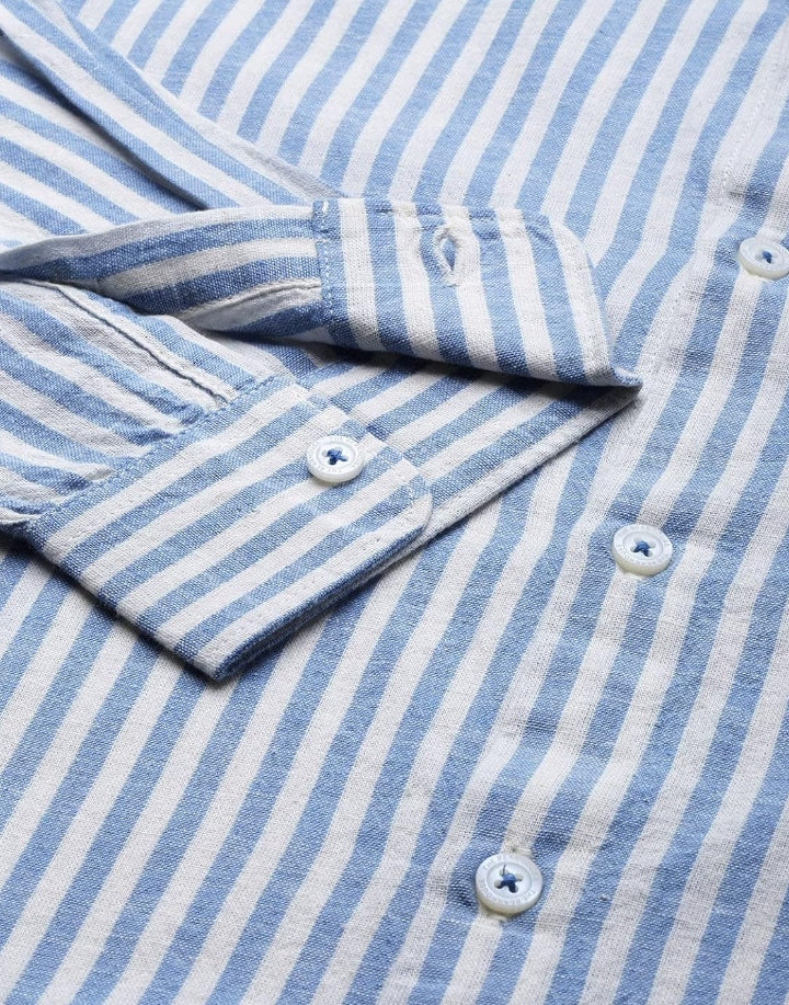 THE BEAR HOUSE Men's LinenBlend Blue Slim Fit Striped Casual Shirt