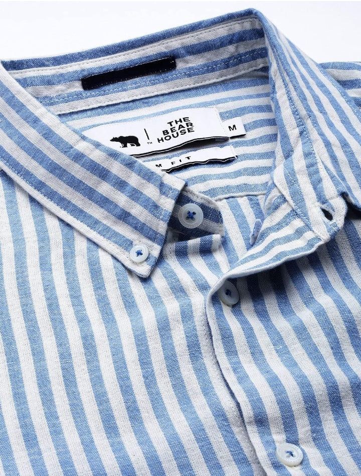 THE BEAR HOUSE Men's LinenBlend Blue Slim Fit Striped Casual Shirt