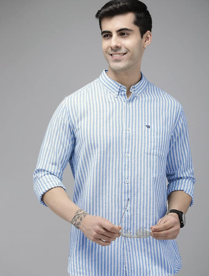 THE BEAR HOUSE Men's LinenBlend Blue Slim Fit Striped Casual Shirt
