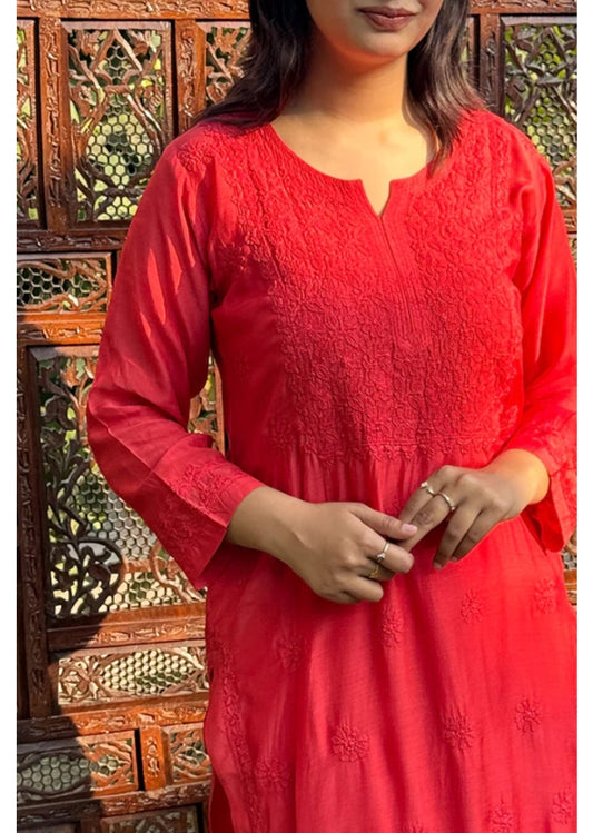 Arth World Women's Embroidered Georgette Straight Kurti