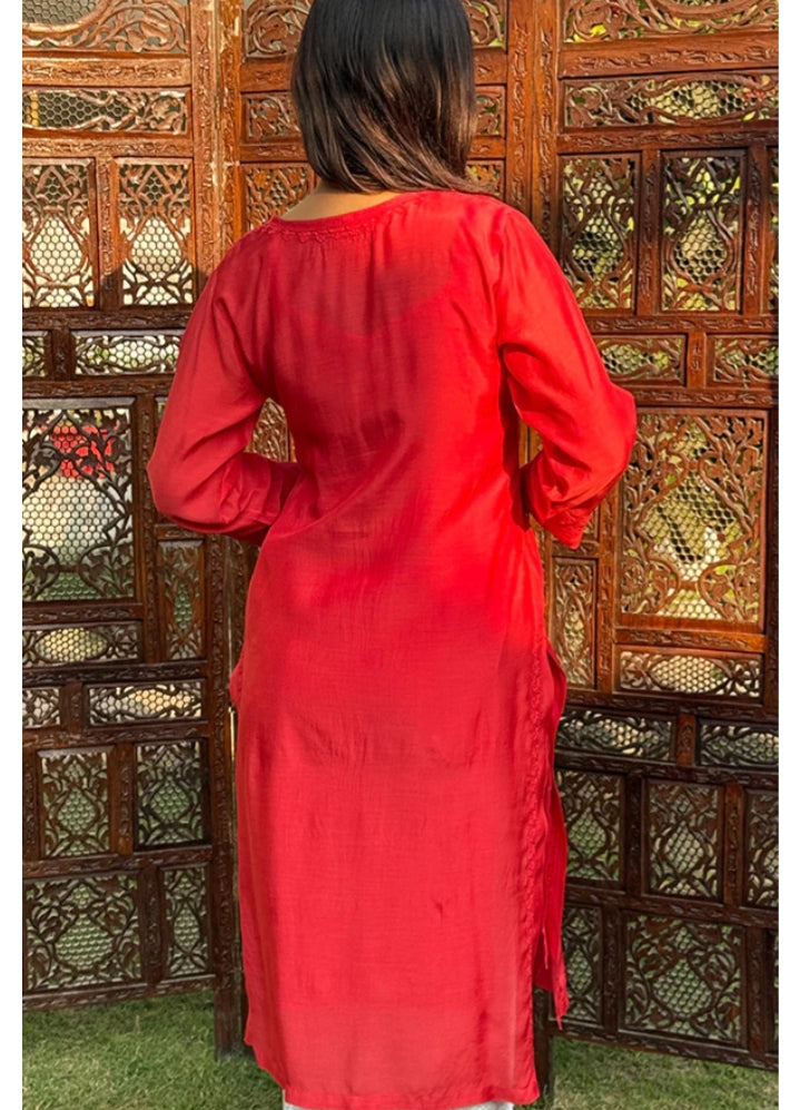 Arth World Women's Embroidered Georgette Straight Kurti