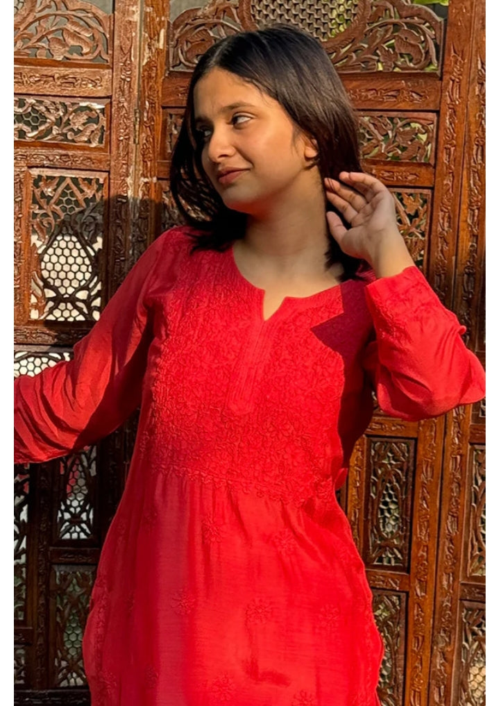 Arth World Women's Embroidered Georgette Straight Kurti