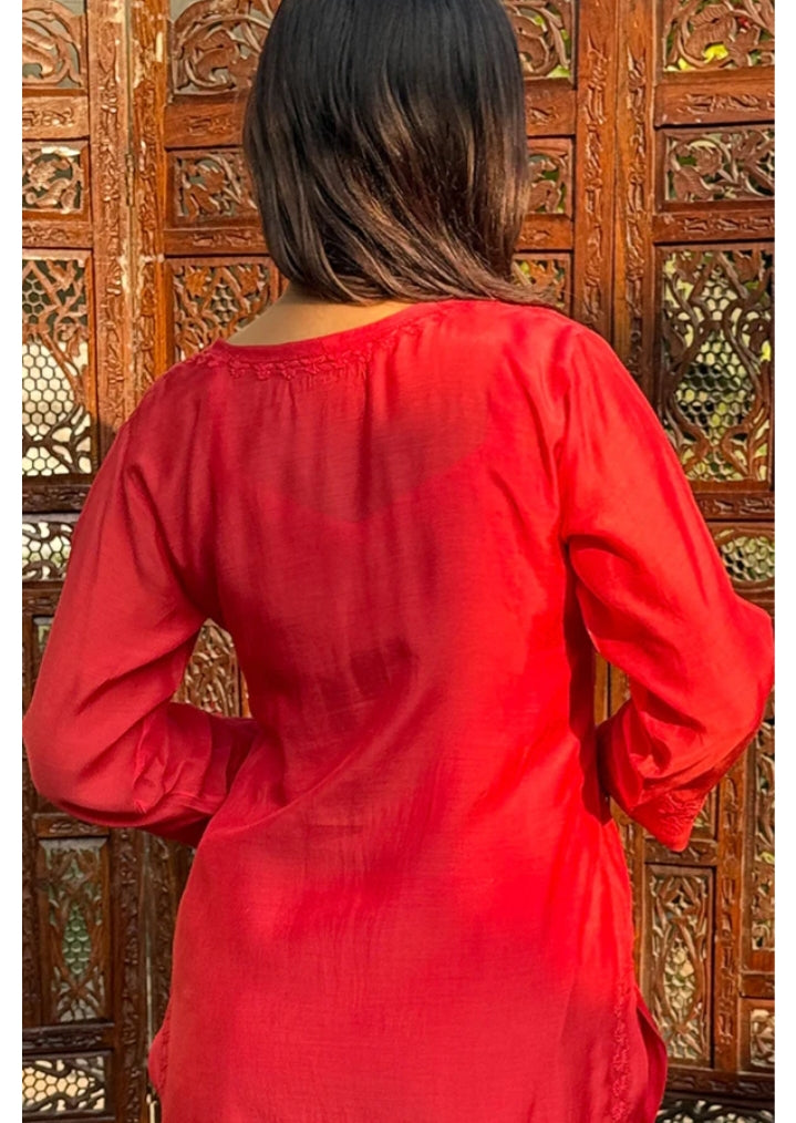 Arth World Women's Embroidered Georgette Straight Kurti