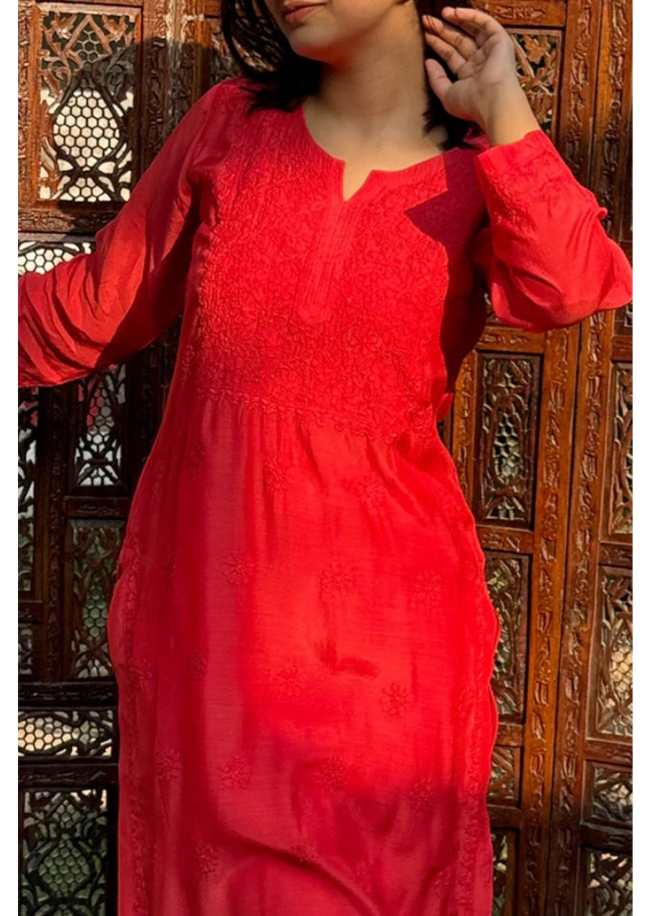 Arth World Women's Embroidered Georgette Straight Kurti
