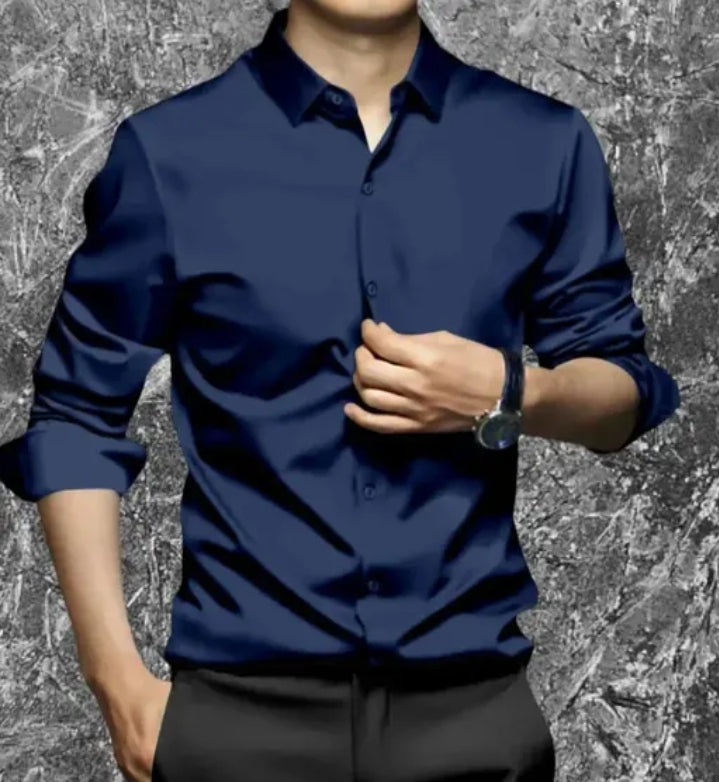 Men Regular/Stylish Fit Plain Solid Spread Collar Casual Shirt - Nevy Blue With White Pant