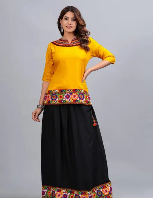 KALAVISHA Rayon Embroidery Work Top with Skirt Dress for Navratri for Women (Ghagra Choli Dress Combo for Garba Night)