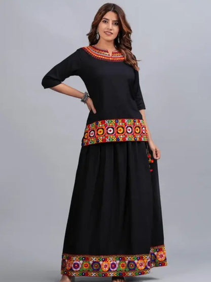 KALAVISHA Rayon Embroidery Work Top with Skirt Dress for Navratri for Women (Ghagra Choli Dress Combo for Garba Night)