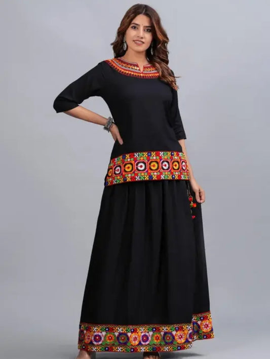 KALAVISHA Rayon Embroidery Work Top with Skirt Dress for Navratri for Women (Ghagra Choli Dress Combo for Garba Night)