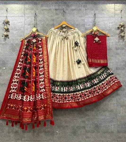 Cream Color Floral And Patola Print With Foil Work Tussar Silk Lehenga Choli