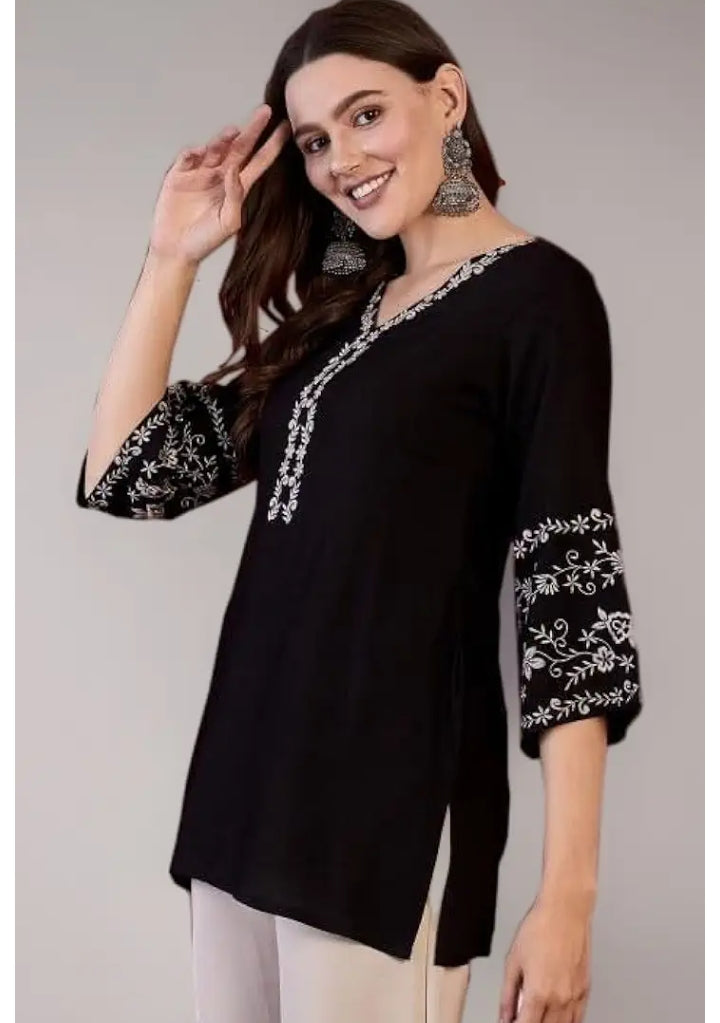 MAHIRA'S Women's Short Kurti, Black Rayon Tunic Top with Embroidered Sleeves, 3/4 Designer Sleeves