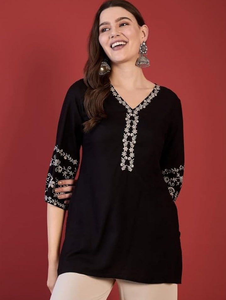 MAHIRA'S Women's Short Kurti, Black Rayon Tunic Top with Embroidered Sleeves, 3/4 Designer Sleeves
