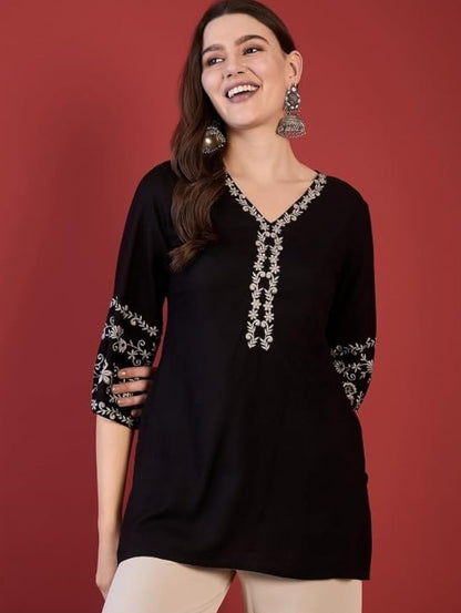 MAHIRA'S Women's Short Kurti, Black Rayon Tunic Top with Embroidered Sleeves, 3/4 Designer Sleeves