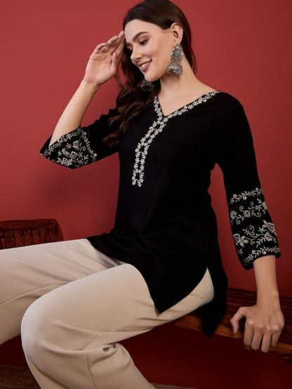 MAHIRA'S Women's Short Kurti, Black Rayon Tunic Top with Embroidered Sleeves, 3/4 Designer Sleeves