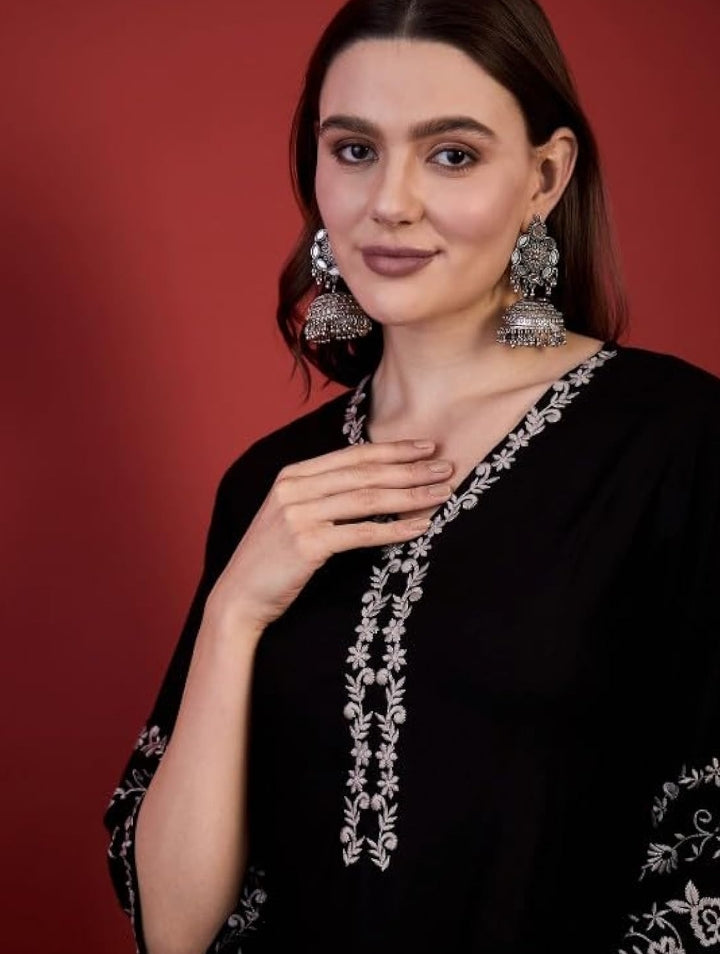 MAHIRA'S Women's Short Kurti, Black Rayon Tunic Top with Embroidered Sleeves, 3/4 Designer Sleeves