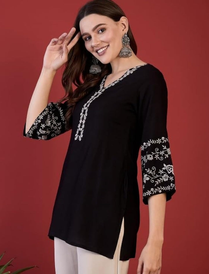 MAHIRA'S Women's Short Kurti, Black Rayon Tunic Top with Embroidered Sleeves, 3/4 Designer Sleeves