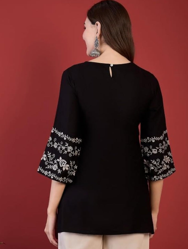 MAHIRA'S Women's Short Kurti, Black Rayon Tunic Top with Embroidered Sleeves, 3/4 Designer Sleeves