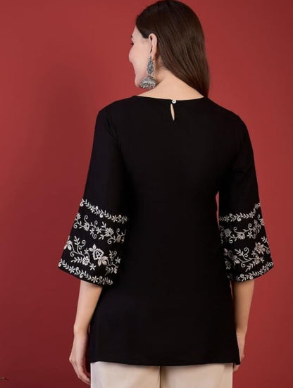 MAHIRA'S Women's Short Kurti, Black Rayon Tunic Top with Embroidered Sleeves, 3/4 Designer Sleeves