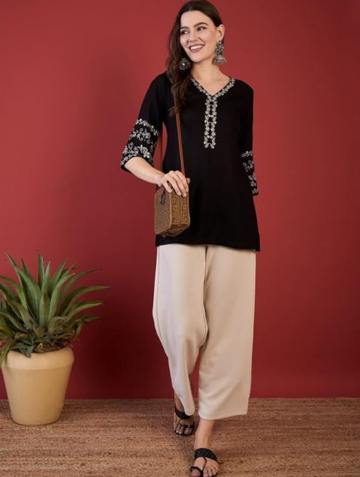 MAHIRA'S Women's Short Kurti, Black Rayon Tunic Top with Embroidered Sleeves, 3/4 Designer Sleeves