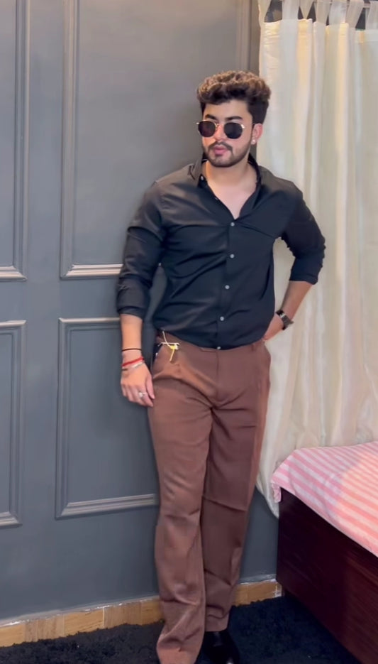Men Regular Fit Solid Plain Black Shirt & Formal Pant, Non Stretchable Trouser