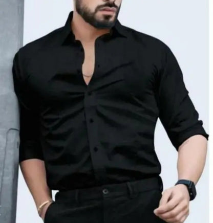 Men Regular Fit Solid Plain Black Shirt & Formal Pant, Non Stretchable Trouser