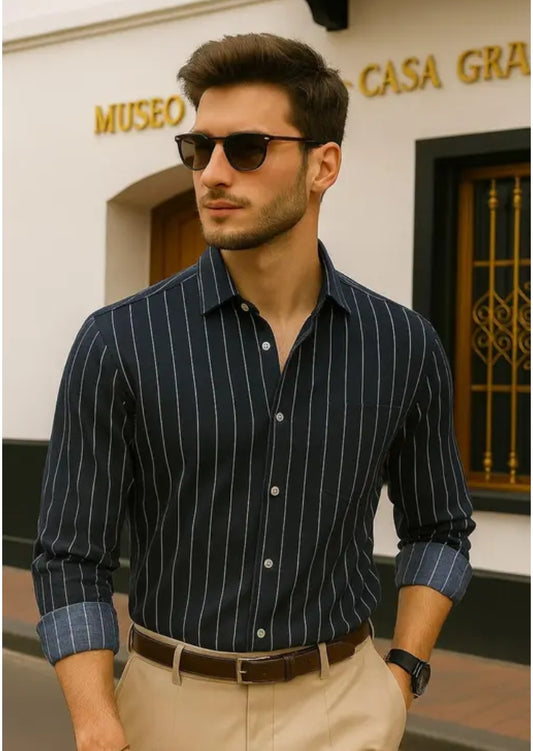 Men Striped Full Sleeve Cotton Blend Navy Shirt