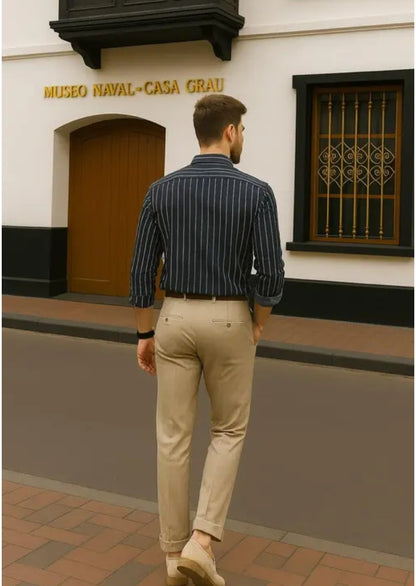 Men Striped Full Sleeve Cotton Blend Navy Shirt
