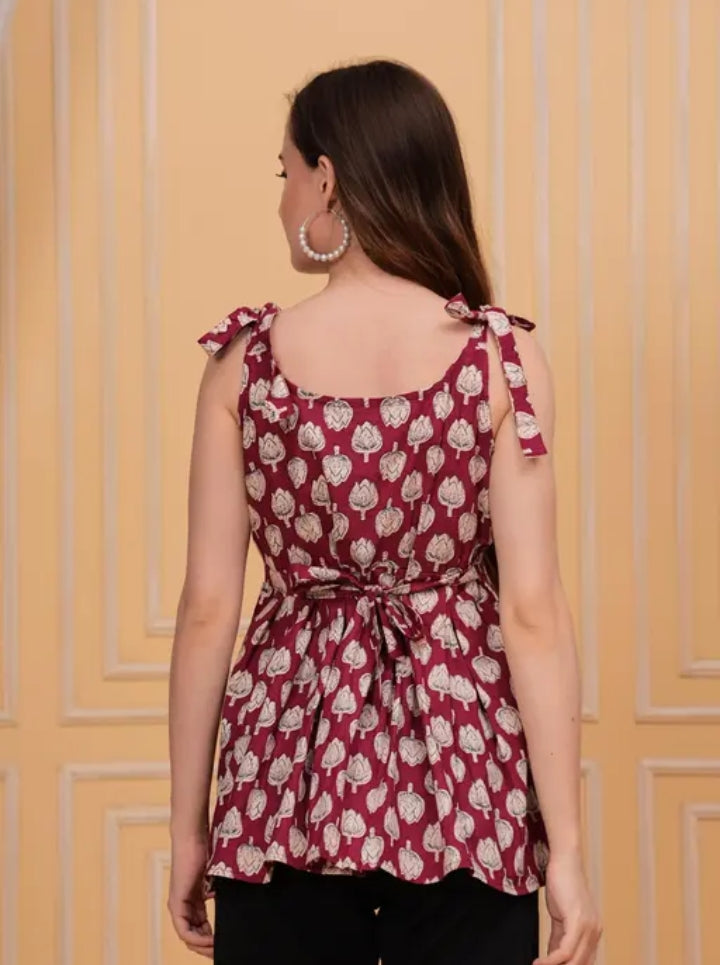 Trending Sleeveless Flared Printed  Short Kurti