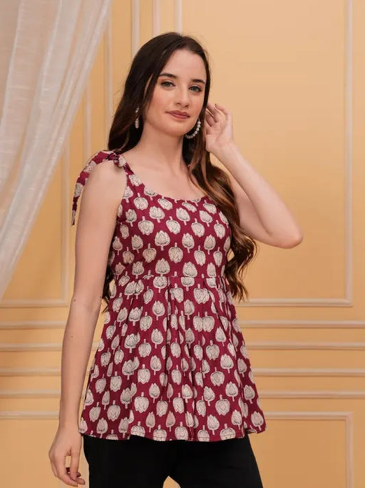 Trending Sleeveless Flared Printed  Short Kurti