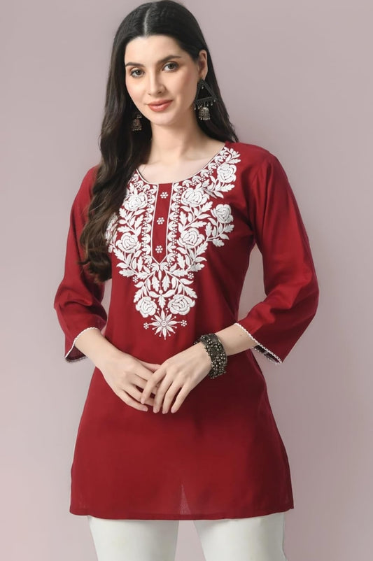 LIBOZA Kurti for Women - Short Chikankari Kurtis for Girls, Lakhnawi Tunic Top Kurta Design for Ladies, Woman Ethnic Kurthis & Shirt with Sleeve